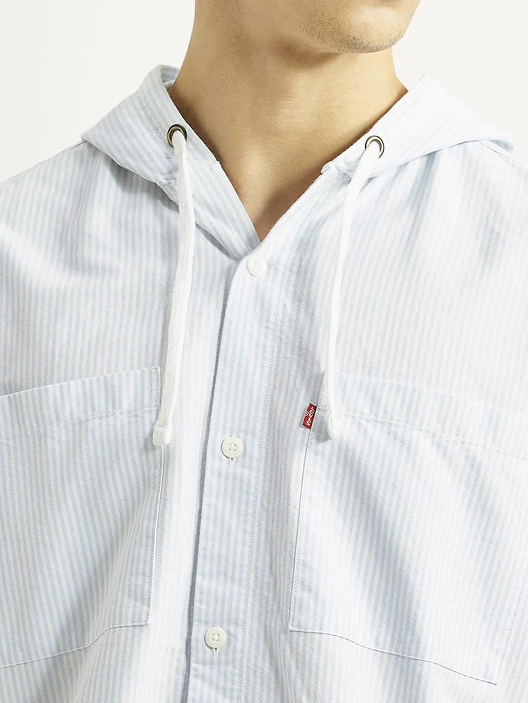 Men's Pin Striped Light Blue Relaxed Fit Hooded Oxford Overshirt 4