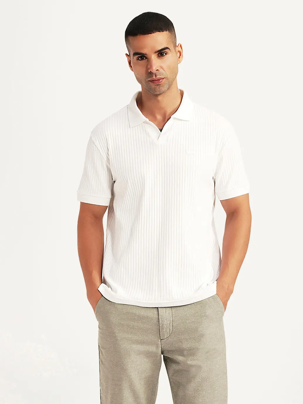Men's Textured White Slim Fit Polo T-Shirt 1