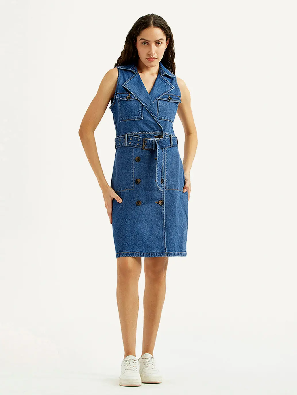 Women's Solid Blue Notched Lapel Dress 1