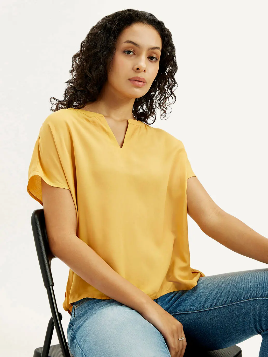Women's Solid Mustard Split Neck Top 1
