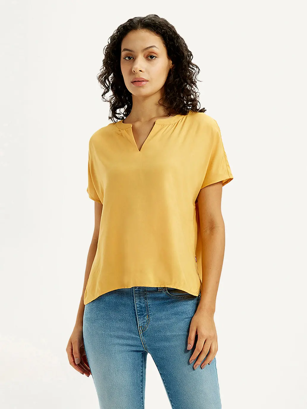 Women's Solid Mustard Split Neck Top 2