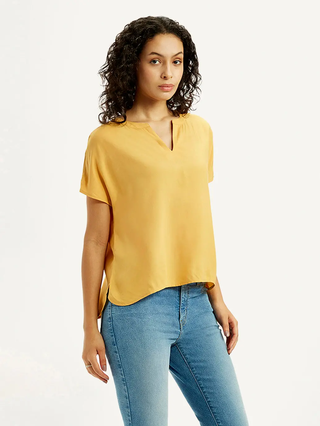 Women's Solid Mustard Split Neck Top 4