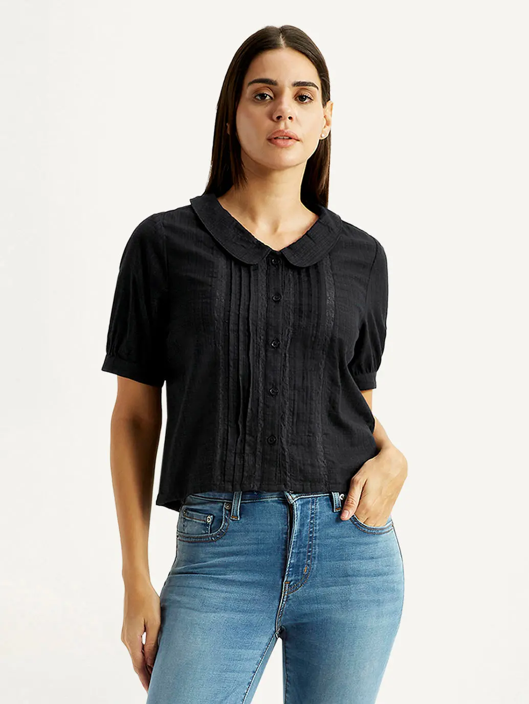 Women's Lace Black Peter Pan Collar Shirt 1