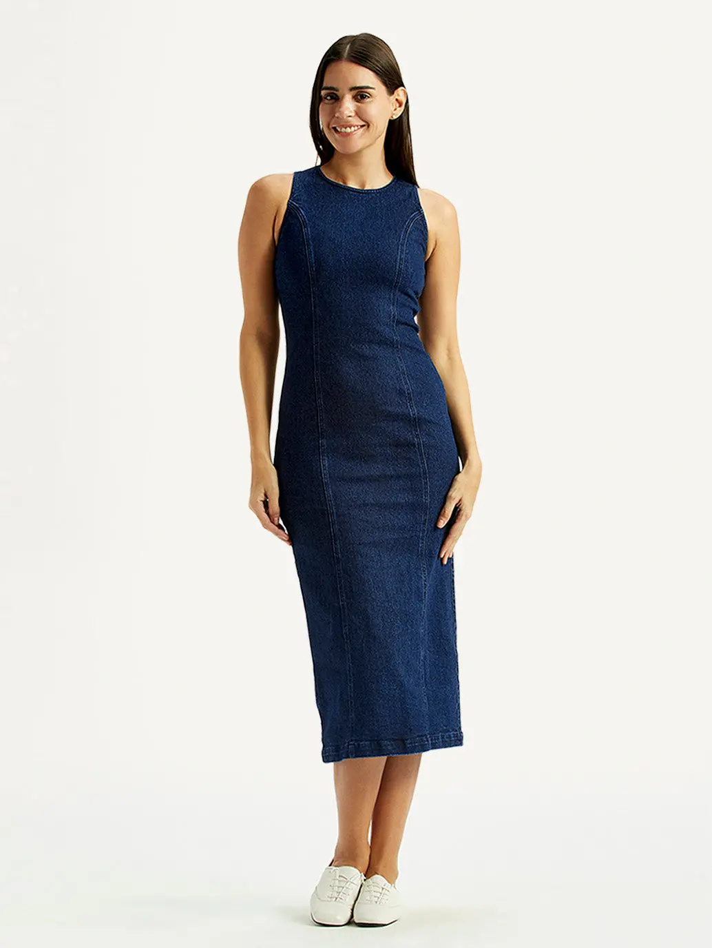 Women's Solid Dark Blue Round Neck Dress 5