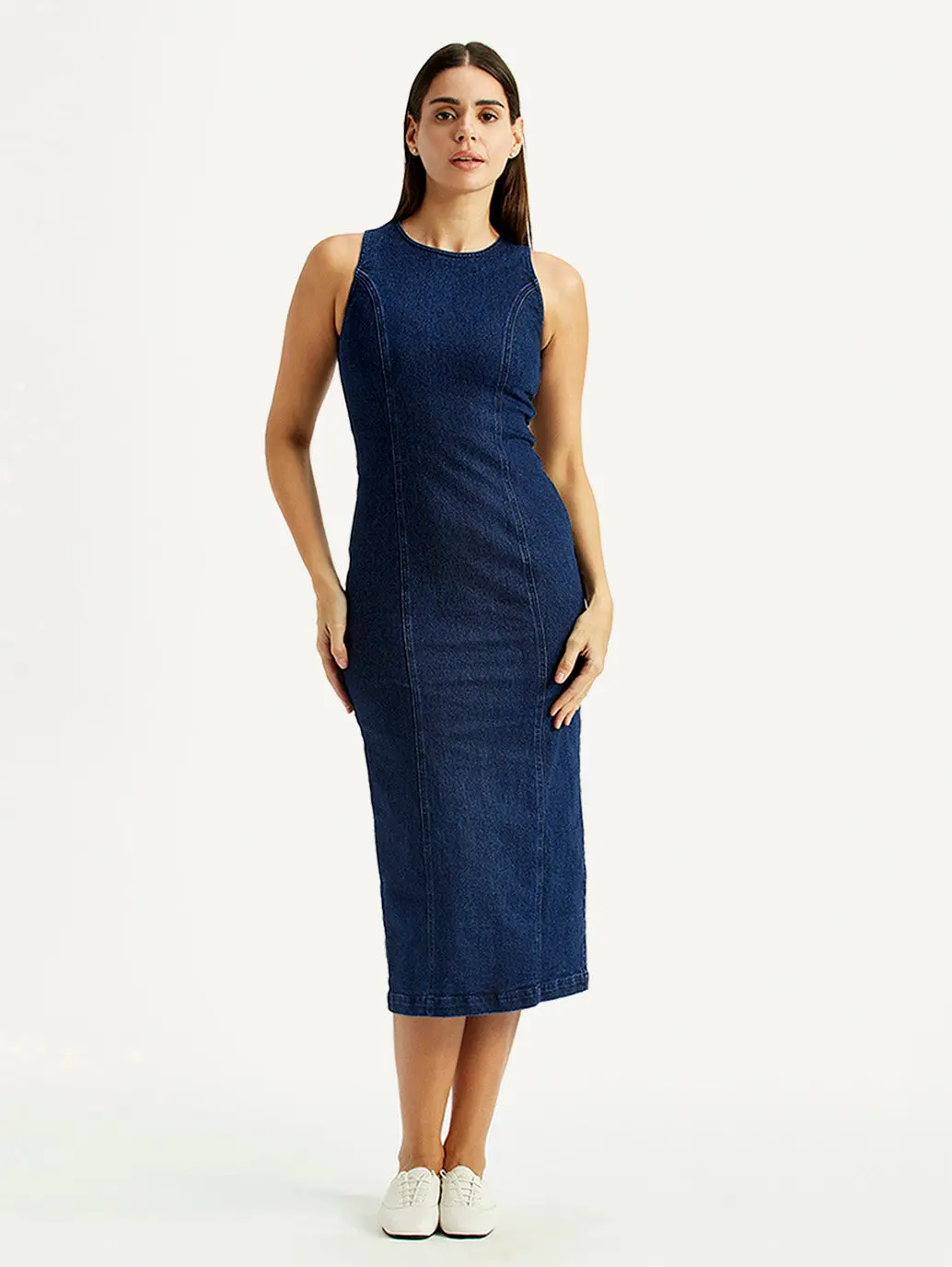 Women's Solid Dark Blue Round Neck Dress 1