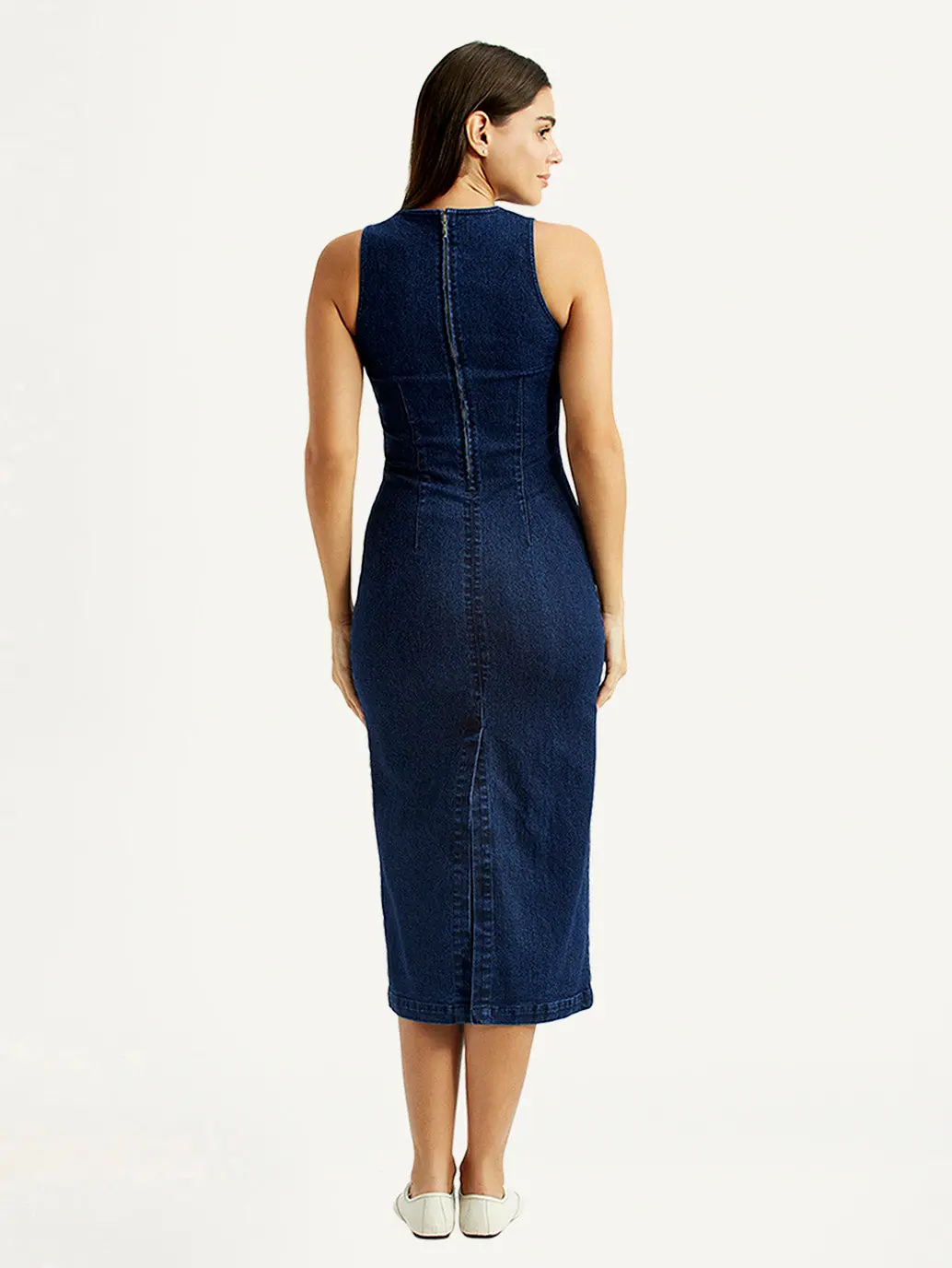 Women's Solid Dark Blue Round Neck Dress 2