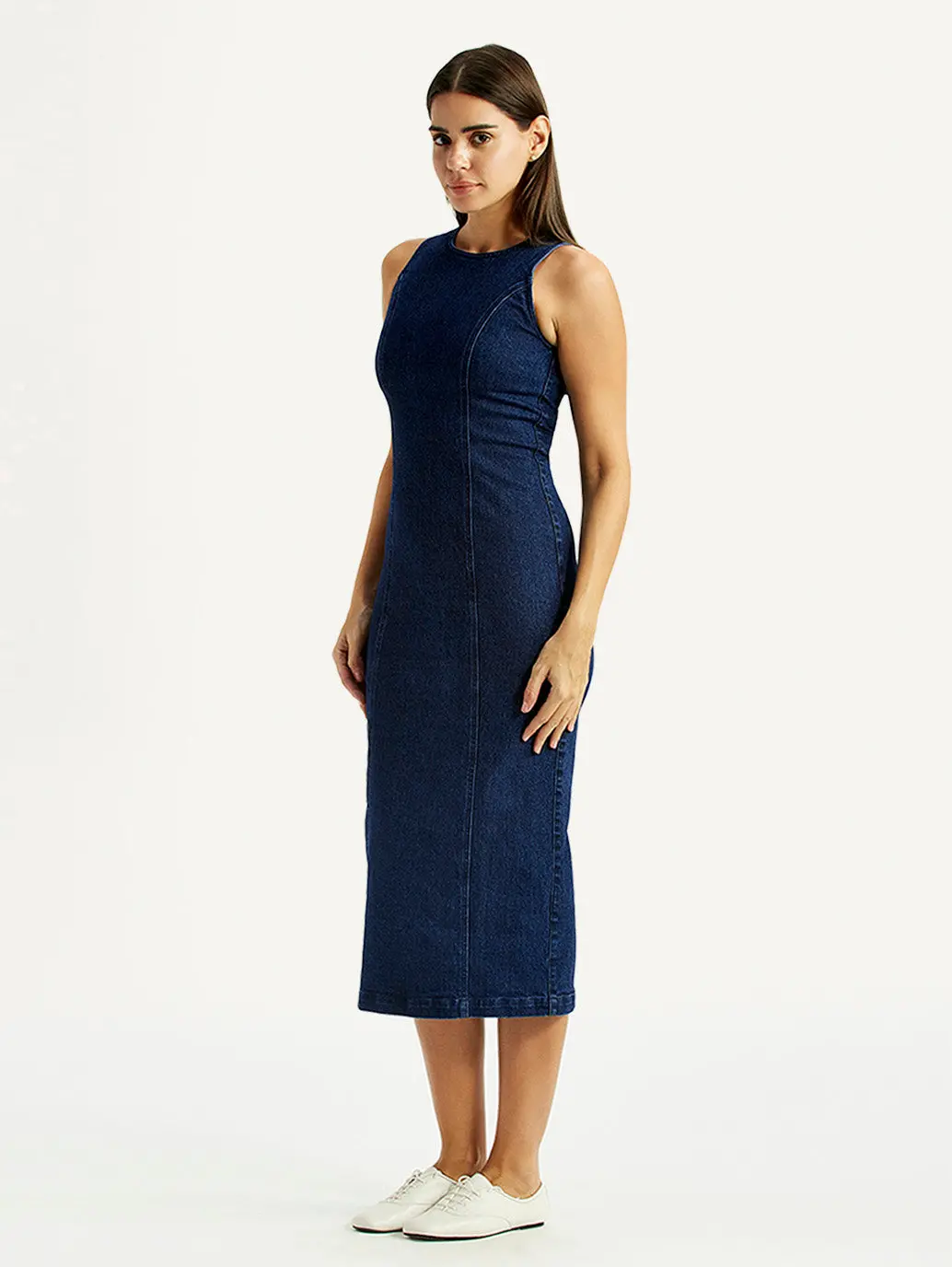 Women's Solid Dark Blue Round Neck Dress 4