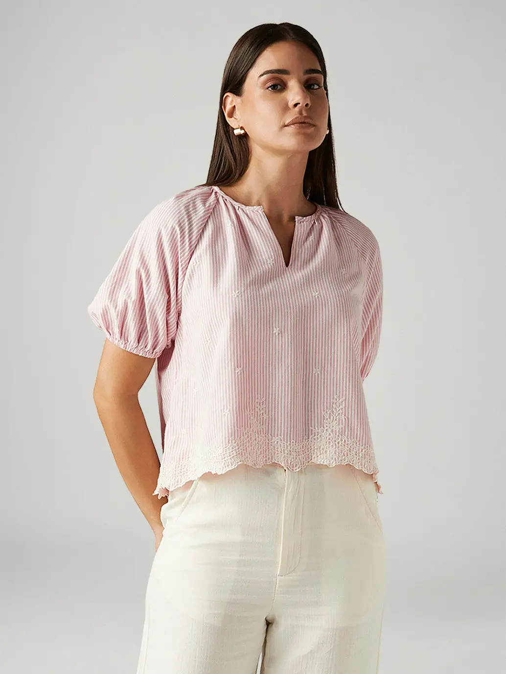 Women's Striped Pink V-Neck Top 1
