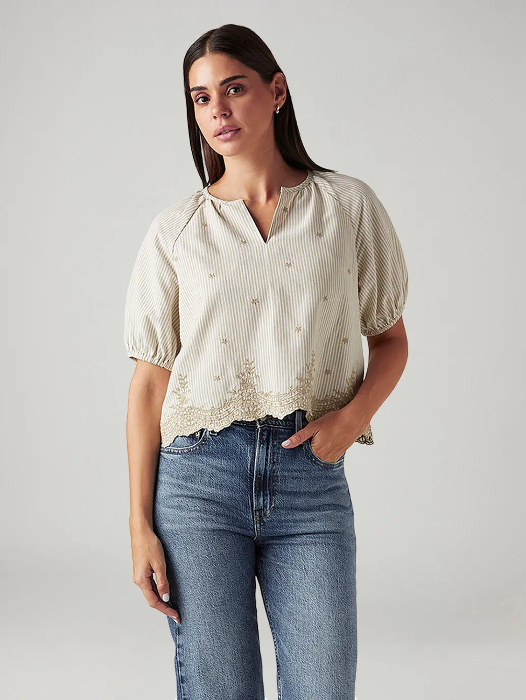 Women's Striped Beige V-Neck Top 1