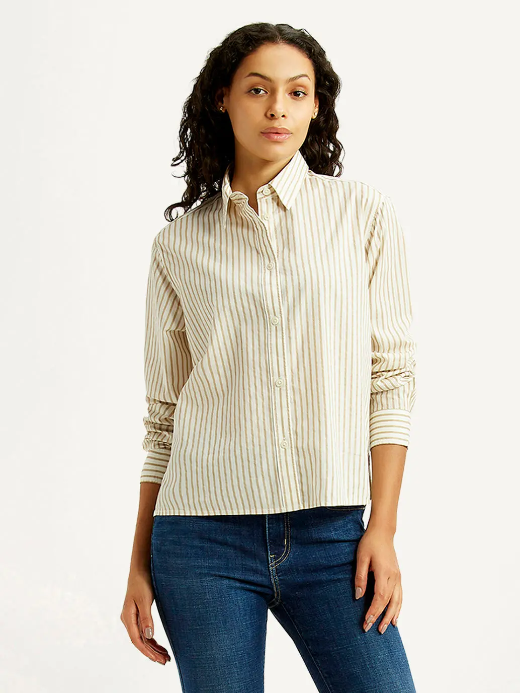 Women's Striped Beige Relaxed Fit Poplin Shirt 1