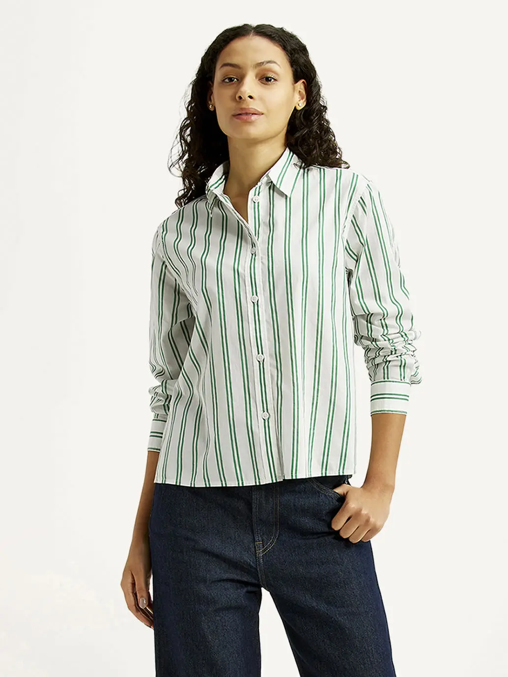 Women's Striped White Relaxed Fit Poplin Shirt 1