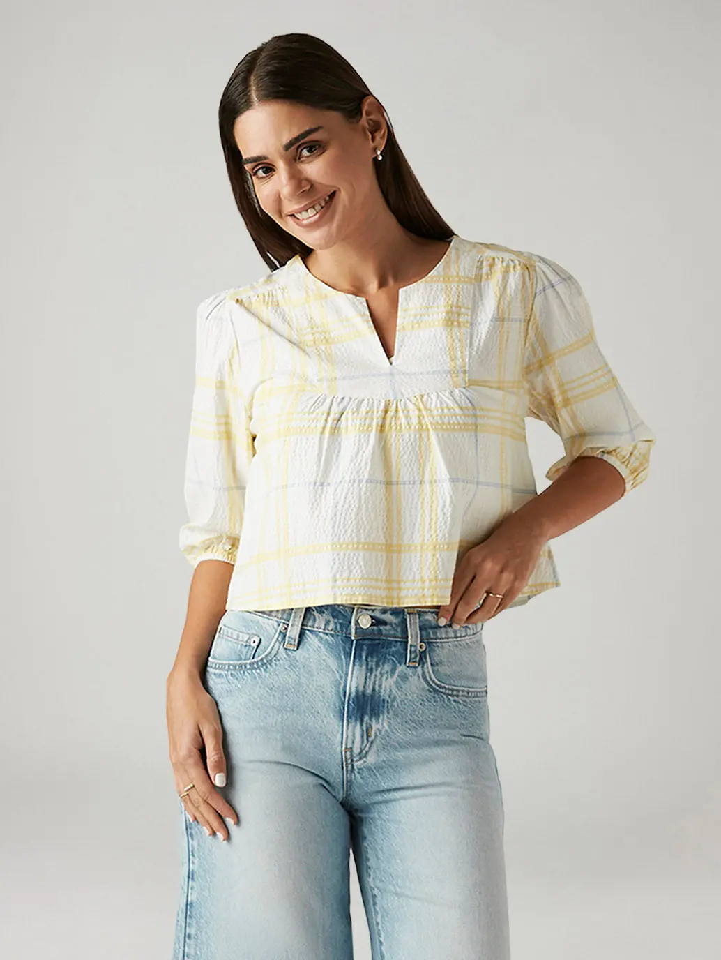 Women's Checkered White V-Neck Top 1