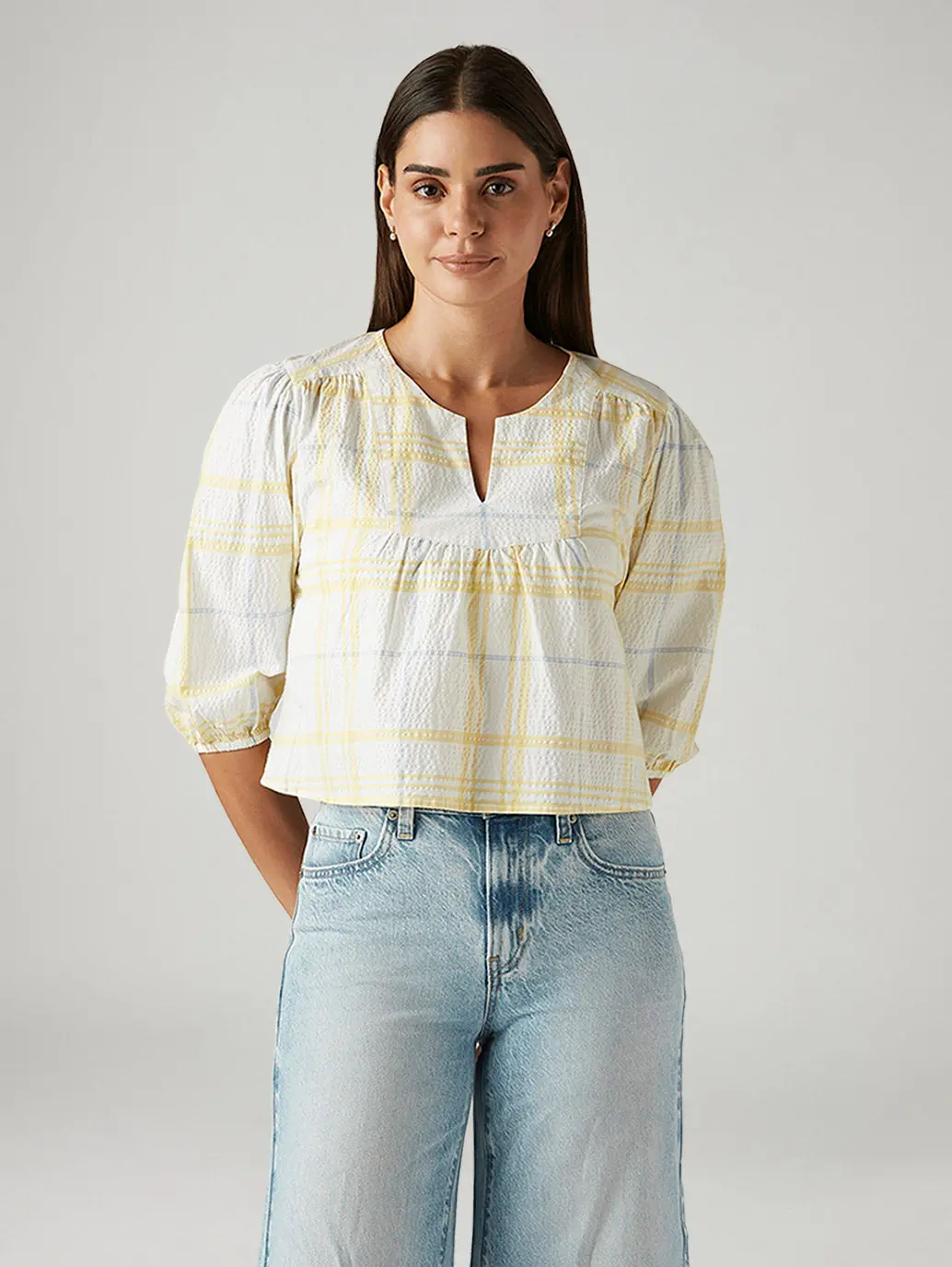 Women's Checkered White V-Neck Top 2