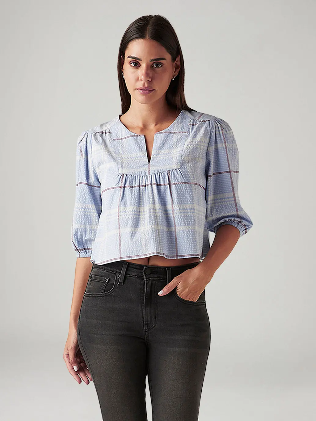 Women's Checkered Light Blue V-Neck Top 1