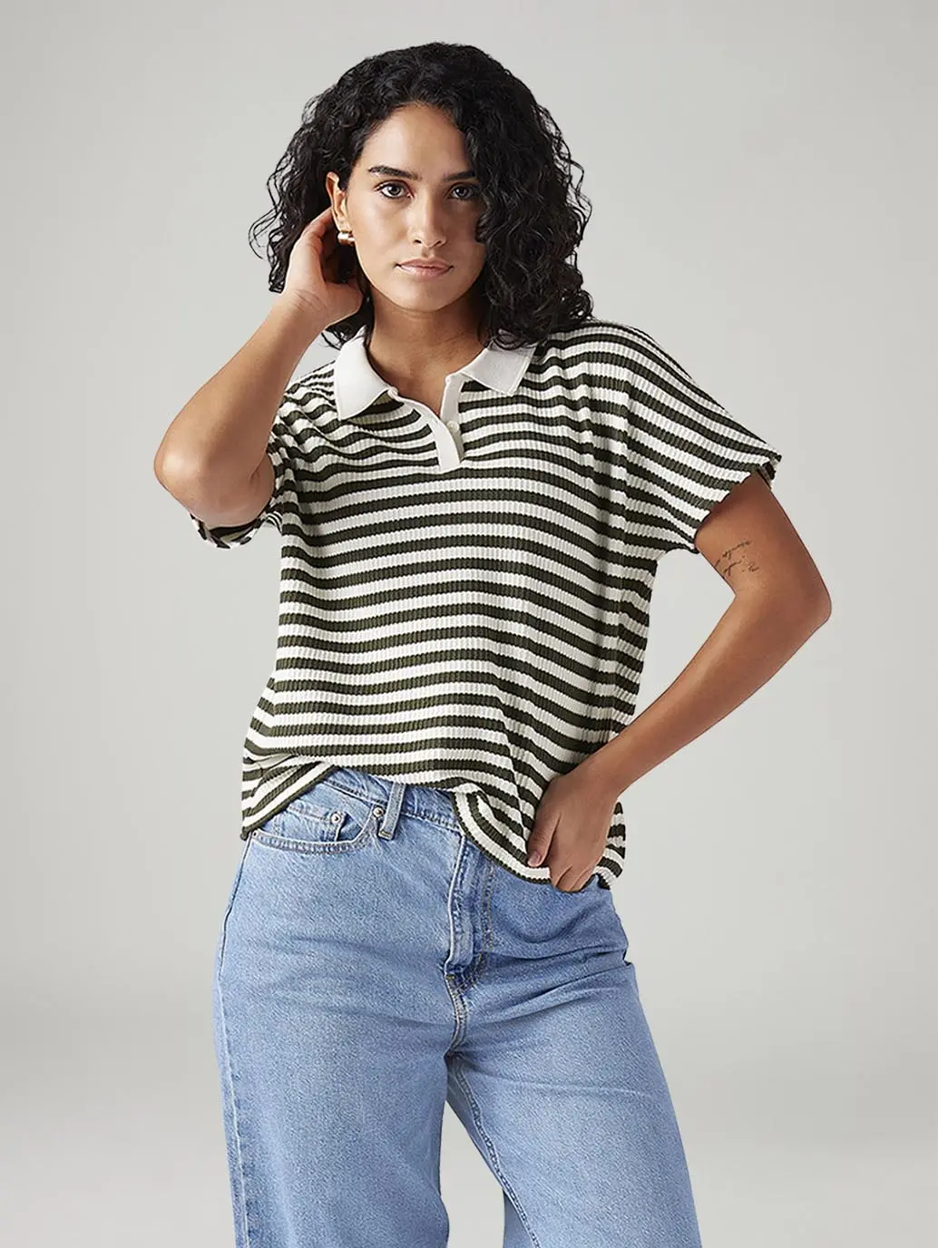 Women's Striped Relaxed Fit Polo T-Shirt 1