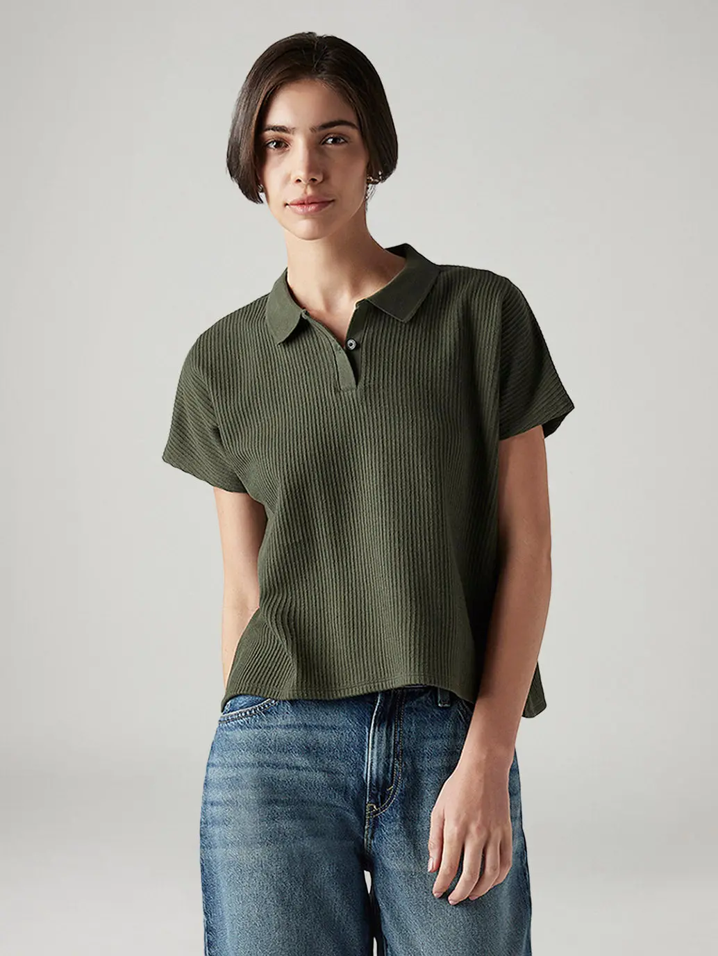 Women's Textured Olive Relaxed Fit Polo T-Shirt 1