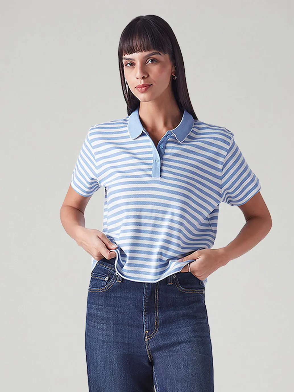 Women's Embroidered Striped Light Blue Polo T-Shirt 1