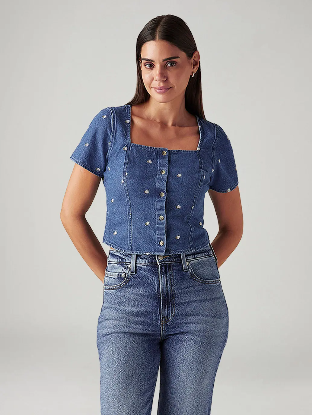 Women's Embroidered Blue Square Neck Top 1