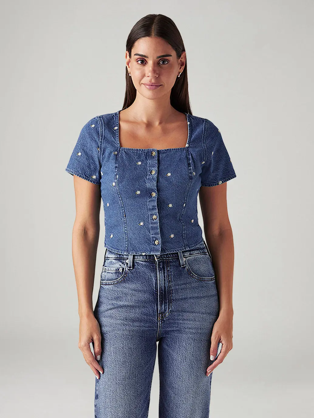 Women's Embroidered Blue Square Neck Top 2