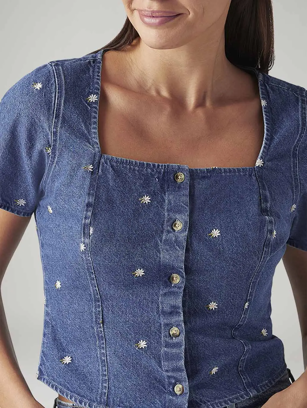 Women's Embroidered Blue Square Neck Top 4