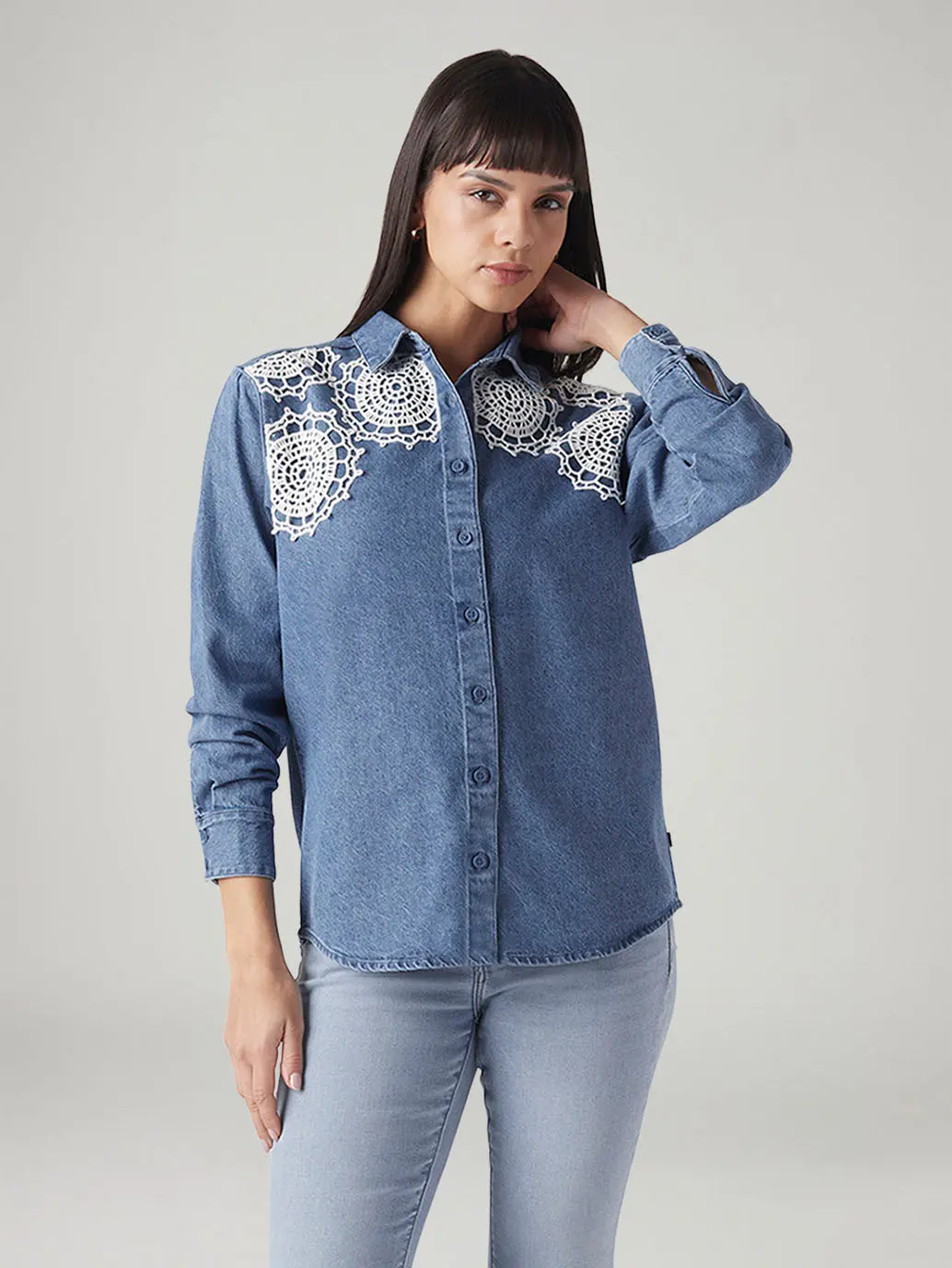 Women's Crochet Relaxed Fit Denim Shirt 1