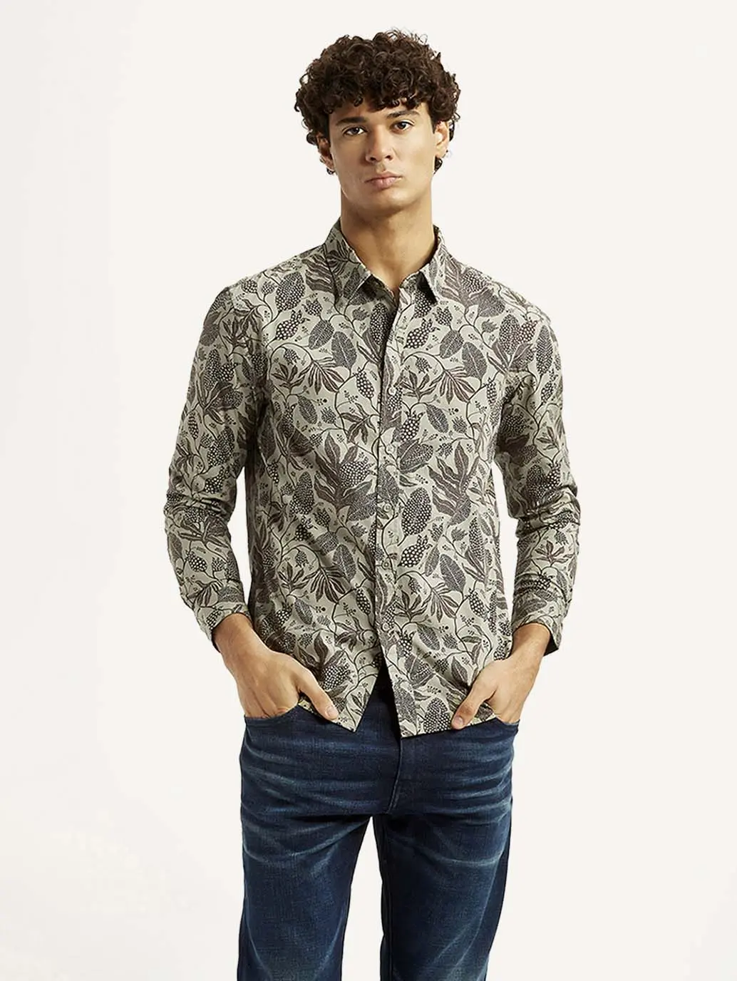 Men's Printed Khaki Slim Fit Shirt 1
