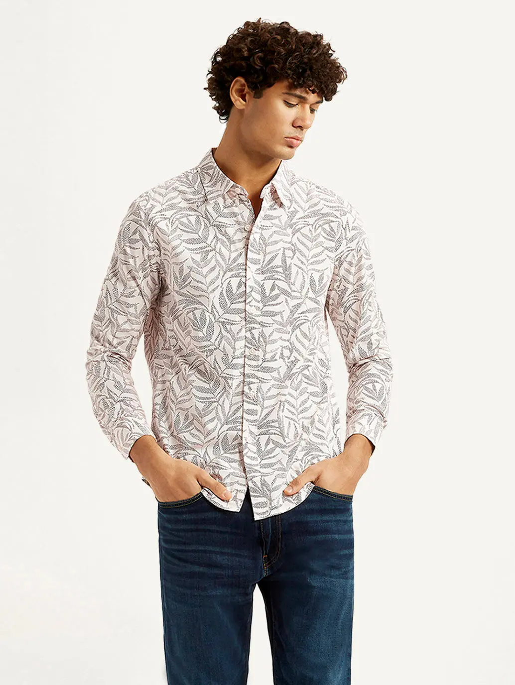 Men's Printed Off White Slim Fit Shirt 1