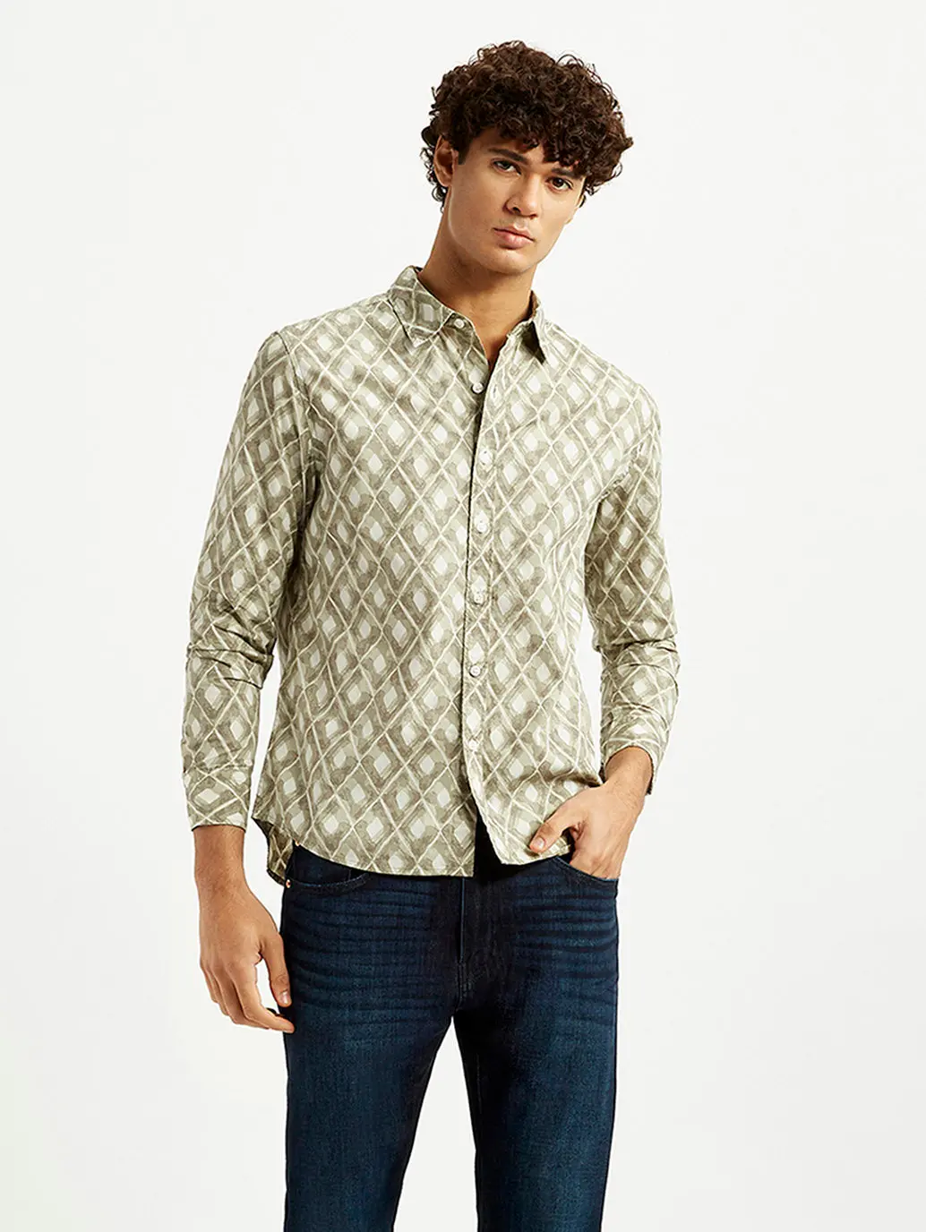 Men's Geometric Beige Slim Fit Shirt 1