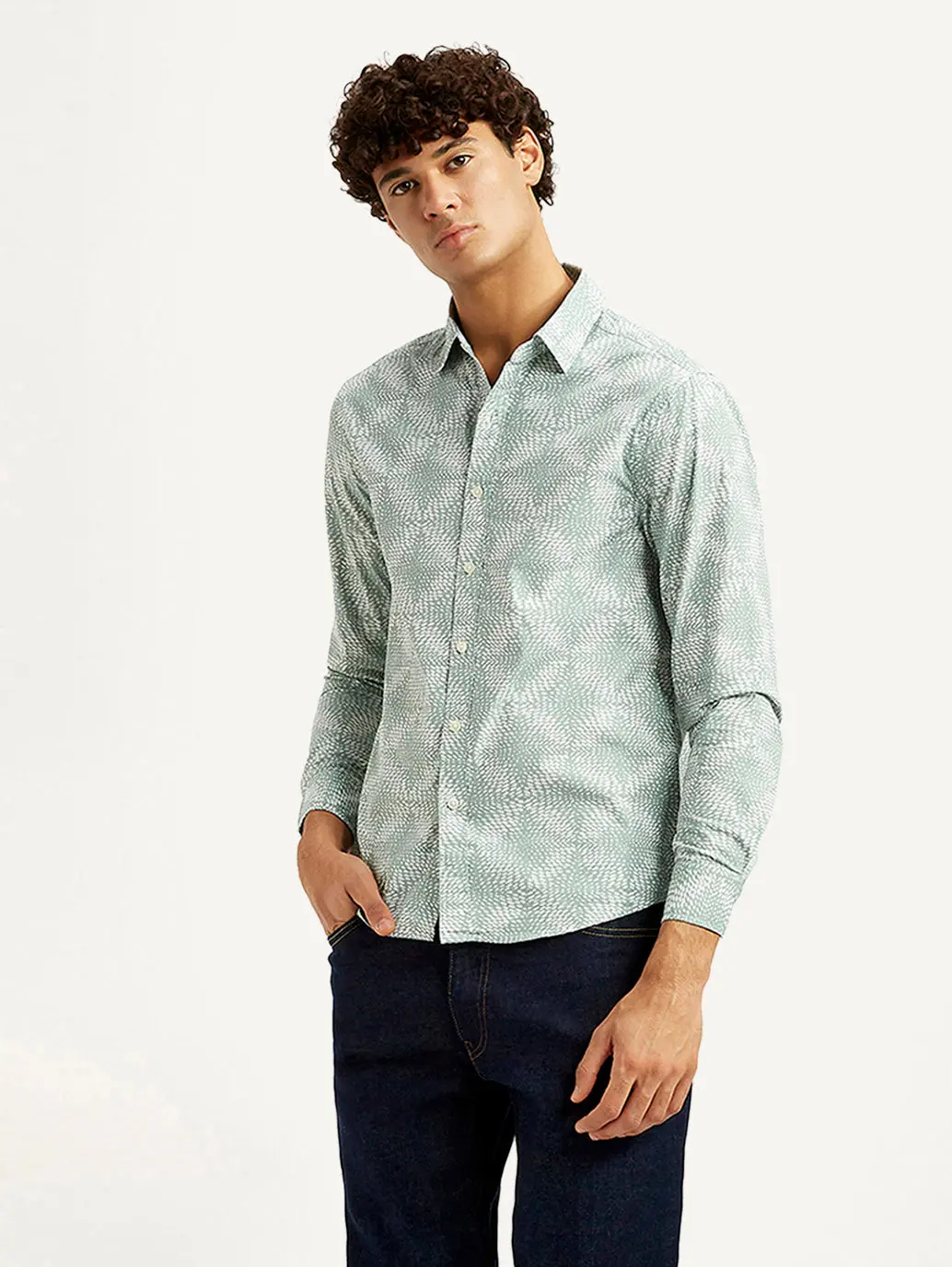 Men's Abstract Light Green Slim Fit Shirt 1