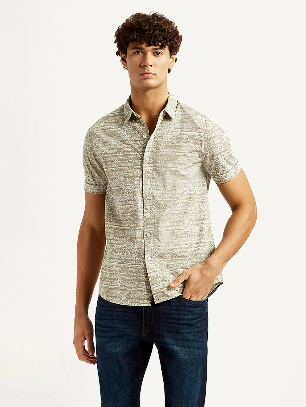 Men's Abstract Beige Slim Fit Shirt 1