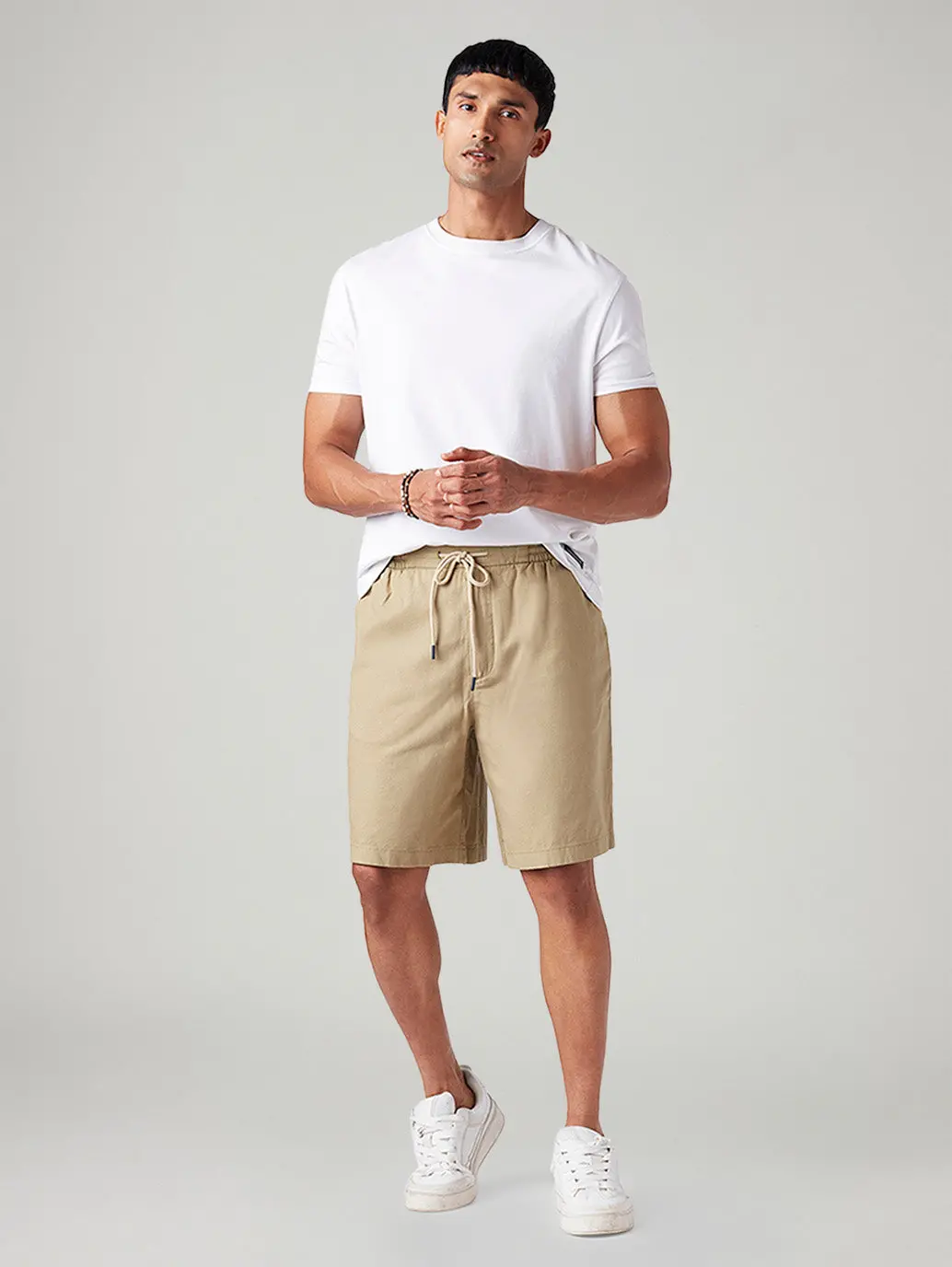Men's Beige Baggy Fit Mid Rise Linen Shorts 1