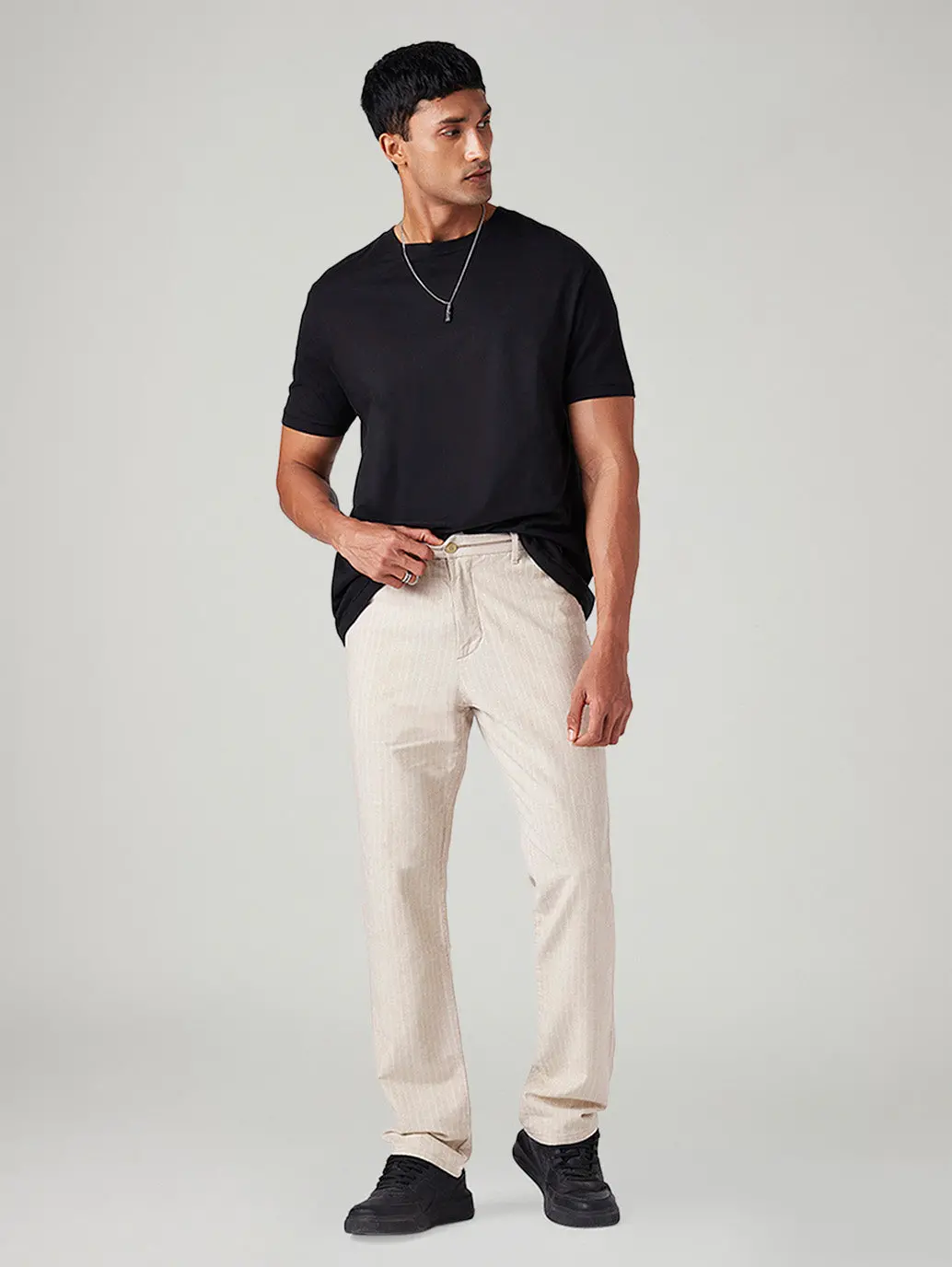 Men's Cream Authentic Relaxed Fit Mid Rise Linen Chinos 1