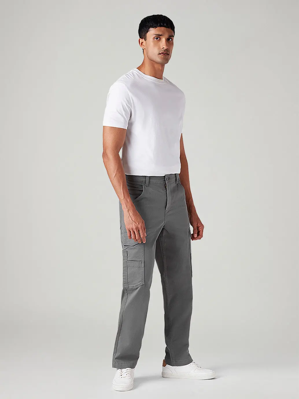 Men's Grey Straight Fit Mid Rise Cargos 6