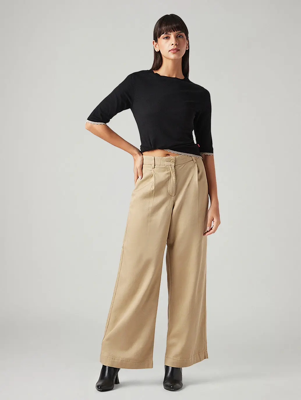 Women's Beige Xl Straight Loose Fit Mid Rise Trouser 1