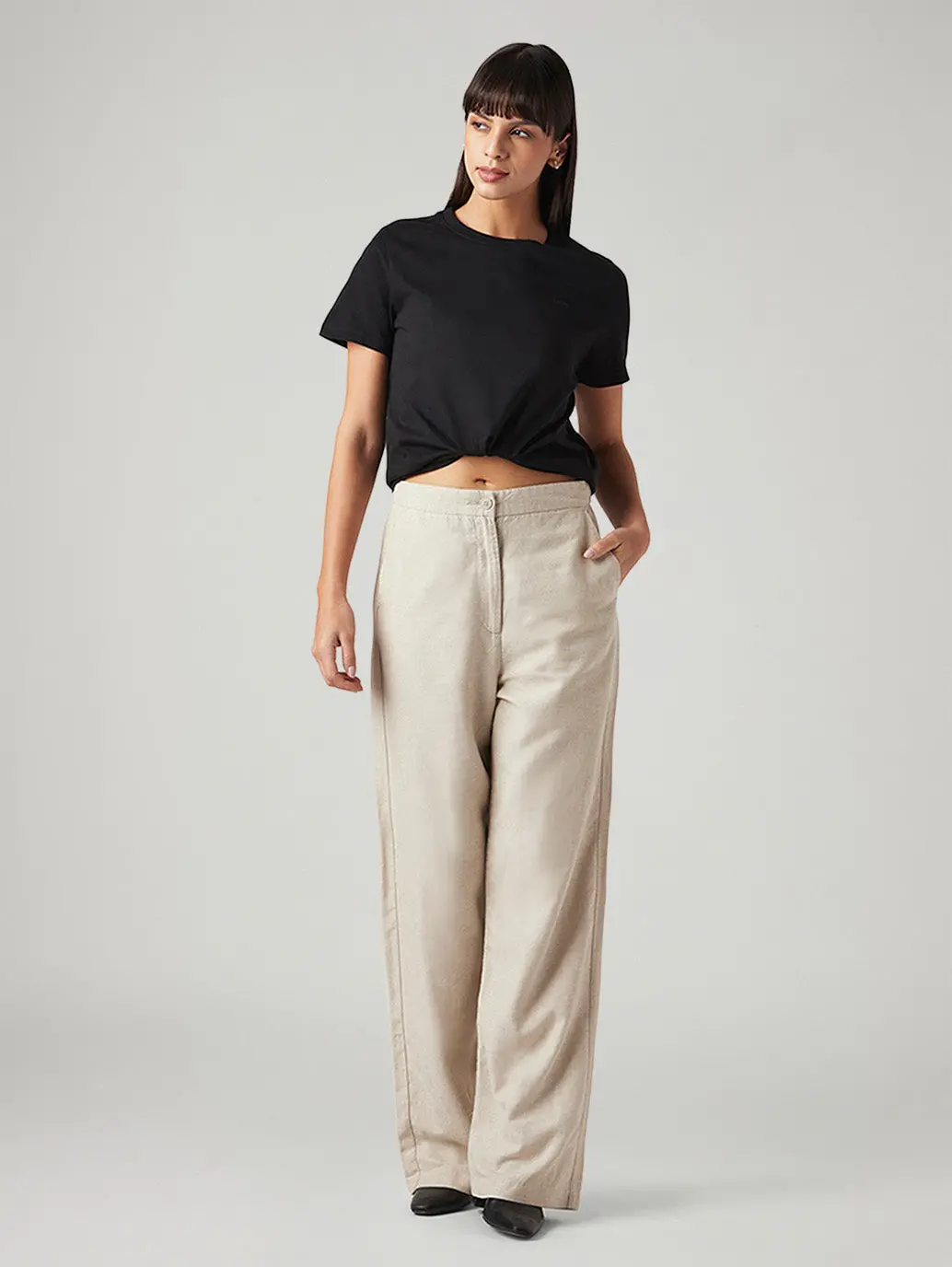 Women's Beige Loose Fit High Rise Linen Trousers 1