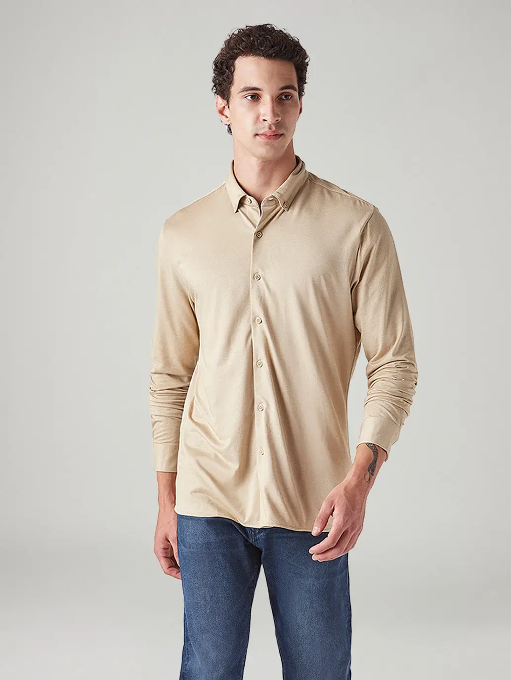 Men's Solid Beige Slim Fit Textured Shirt 1