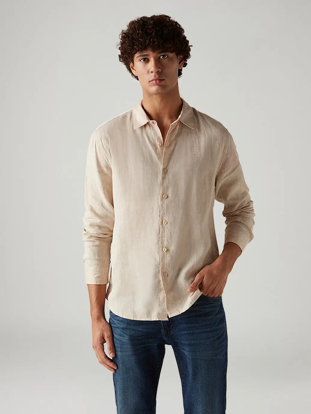Men's Textured Beige Slim Fit Linen Shirt 1