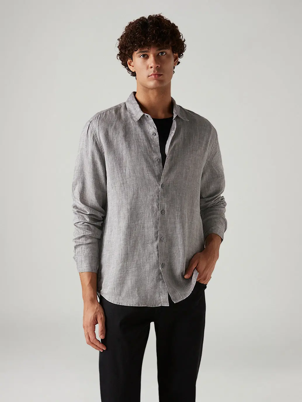 Men's Textured Grey Slim Fit Linen Shirt 1