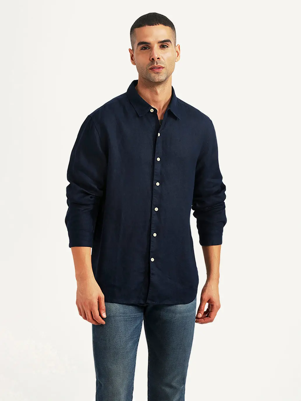 Men's Solid Navy Slim Fit Linen Shirt 1