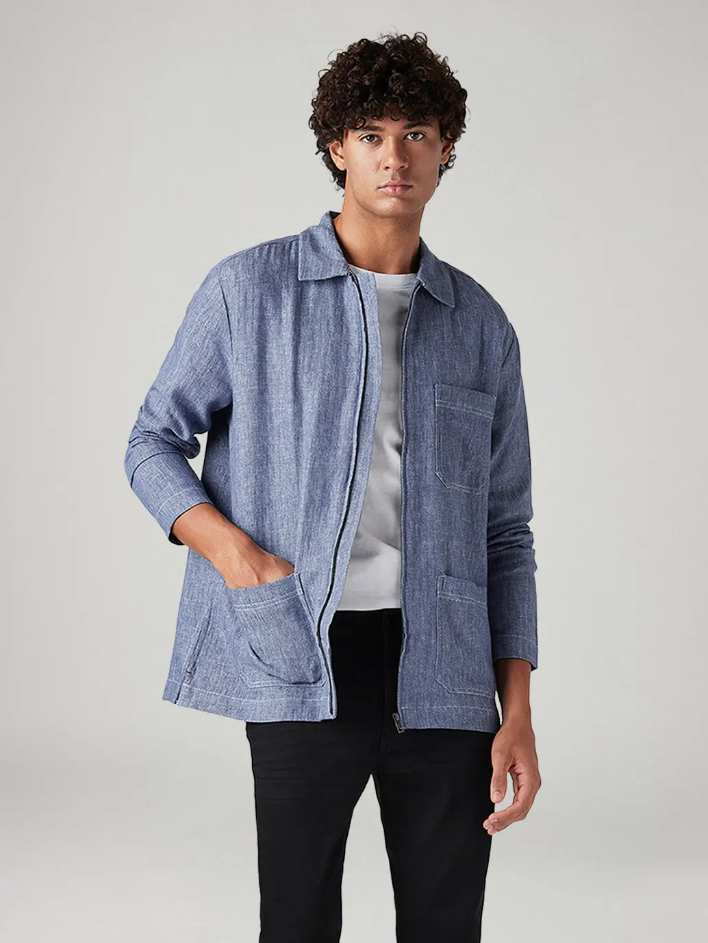 Men's Solid Blue Linen Shacket 1