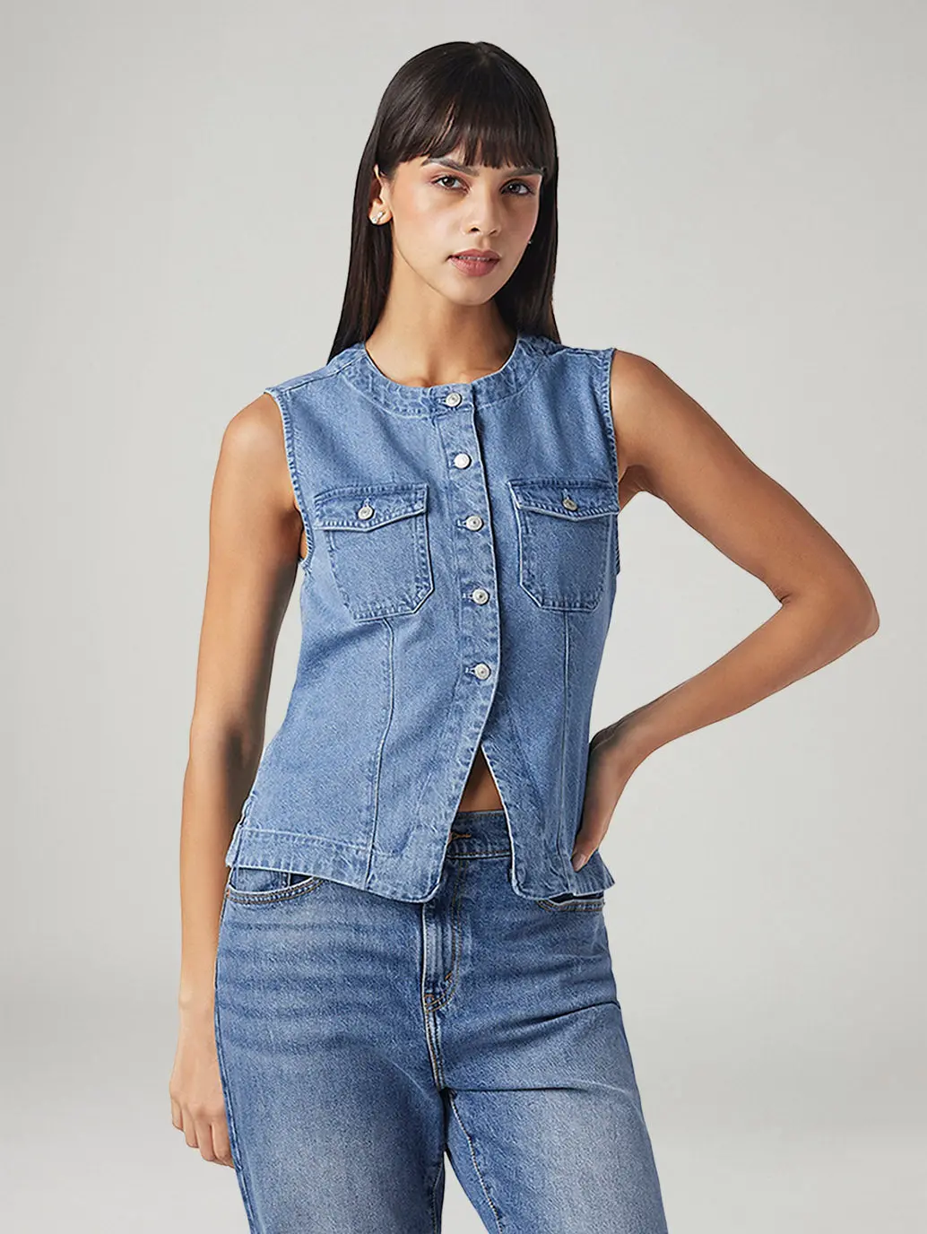 Women's Solid Regular Fit Denim Top 1