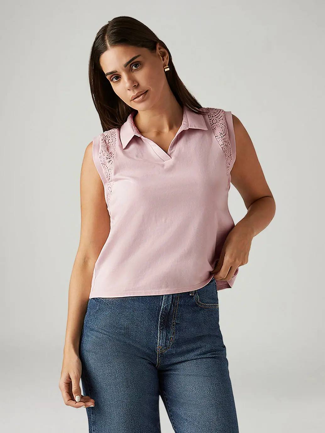 Women's Lace Light Pink Collar Neck Top 1