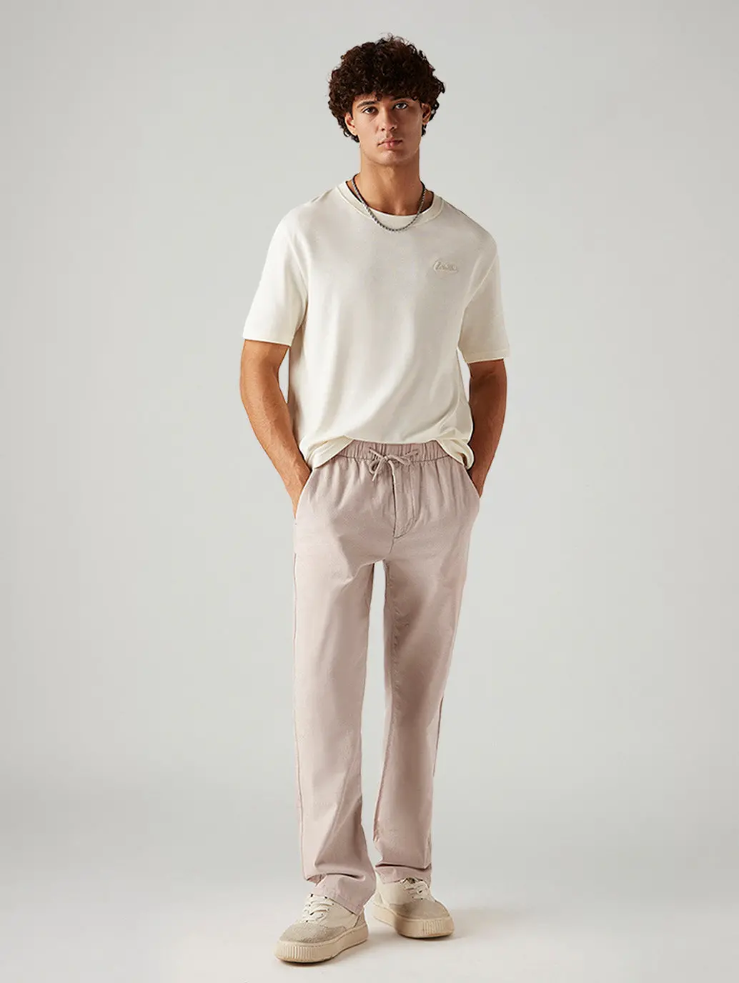 Men's Light Pink Loose Straight Fit Mid Rise Linen Chinos 1