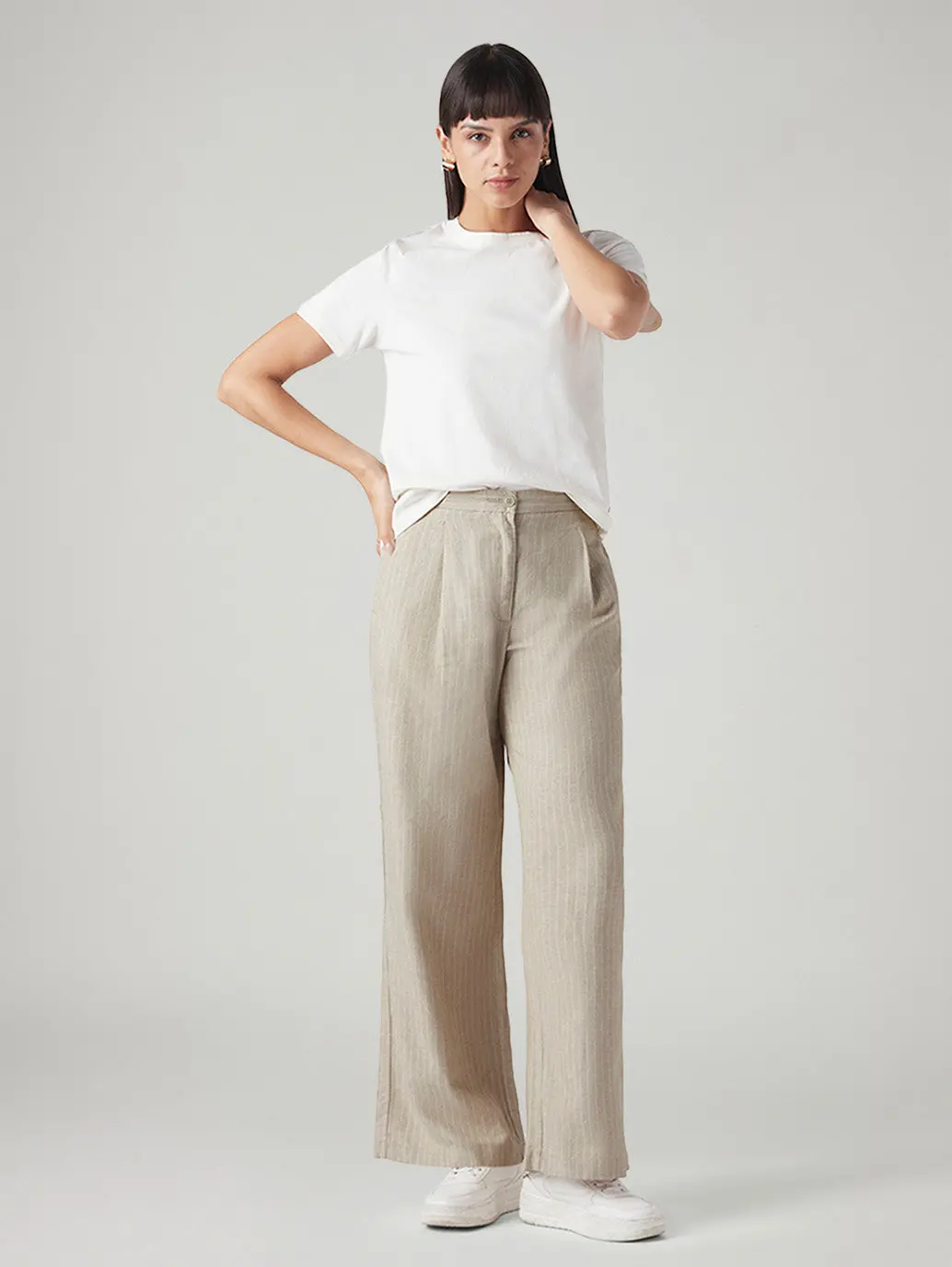 Women's Beige Straight Fit Mid Rise Trousers 1