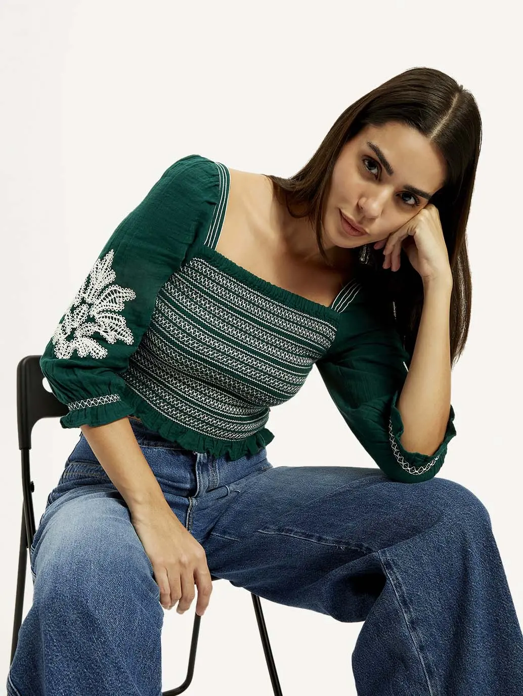 Women's Embroidered Green Square Neck Top 1