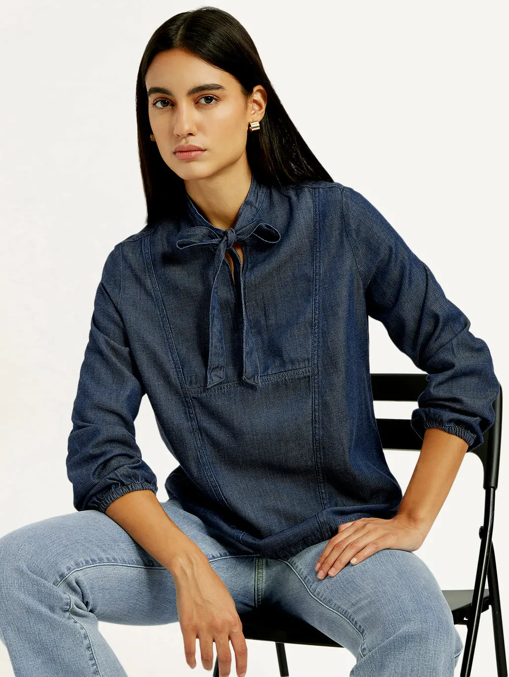 Women's Solid Blue Tie-Neck Top 1