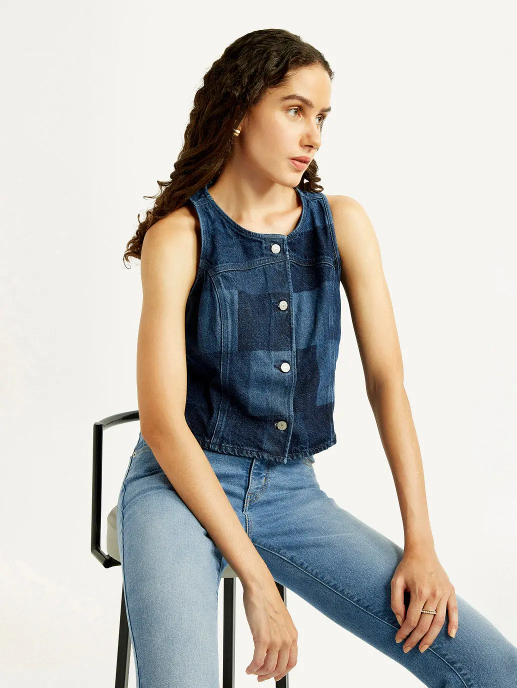 Women's Plaid Dark Blue Round Neck Top 1