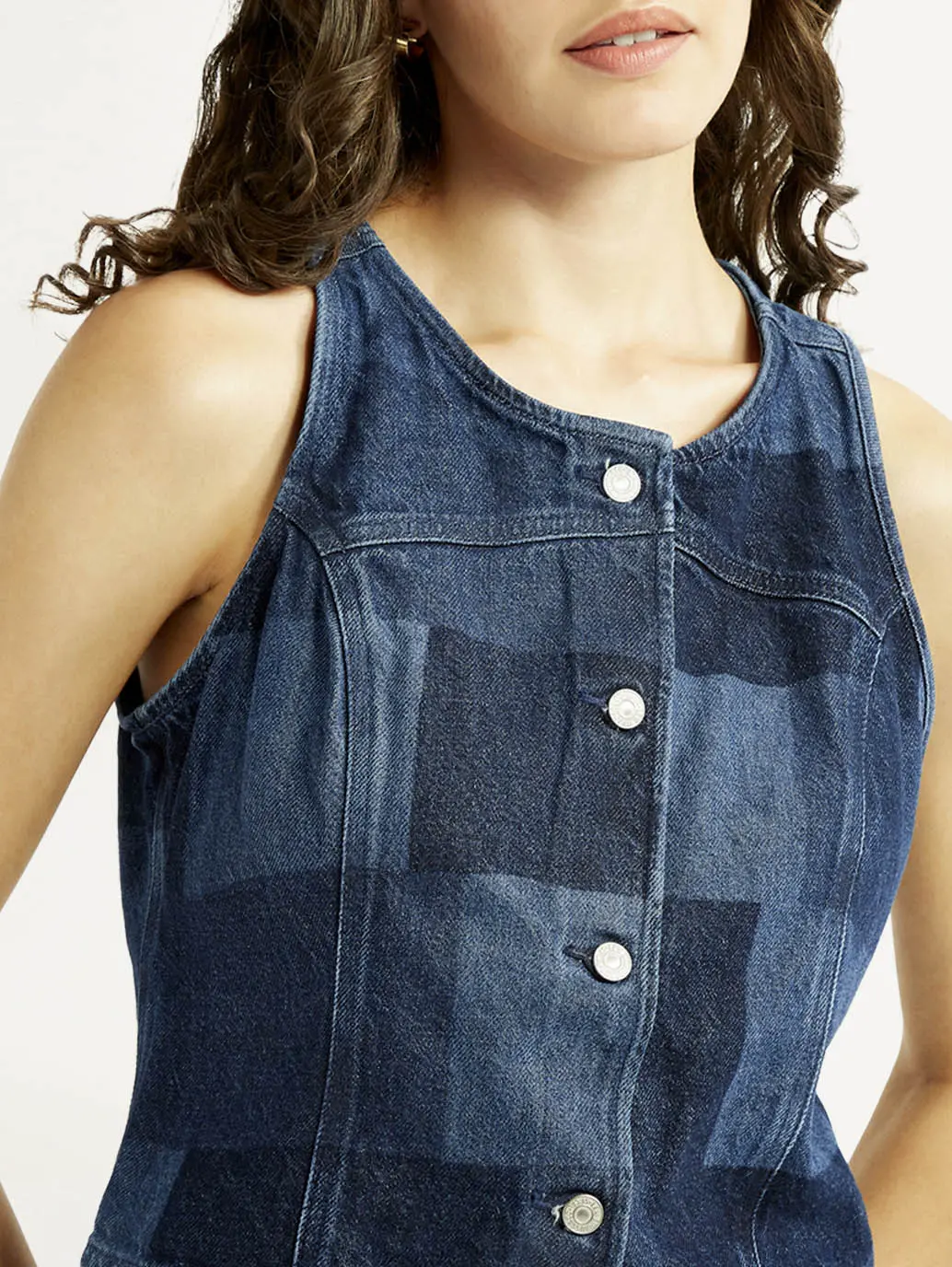 Women's Plaid Dark Blue Round Neck Top 5