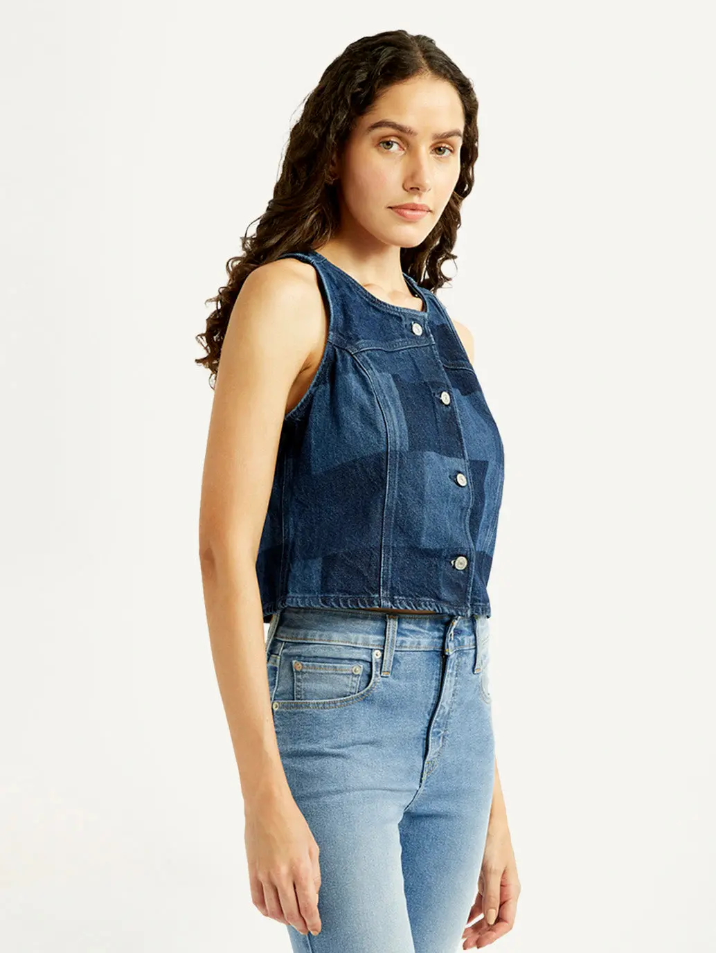 Women's Plaid Dark Blue Round Neck Top 4