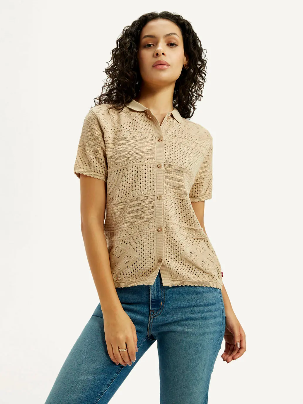 Women's Self Design Beige Spread Collar Shirt 1
